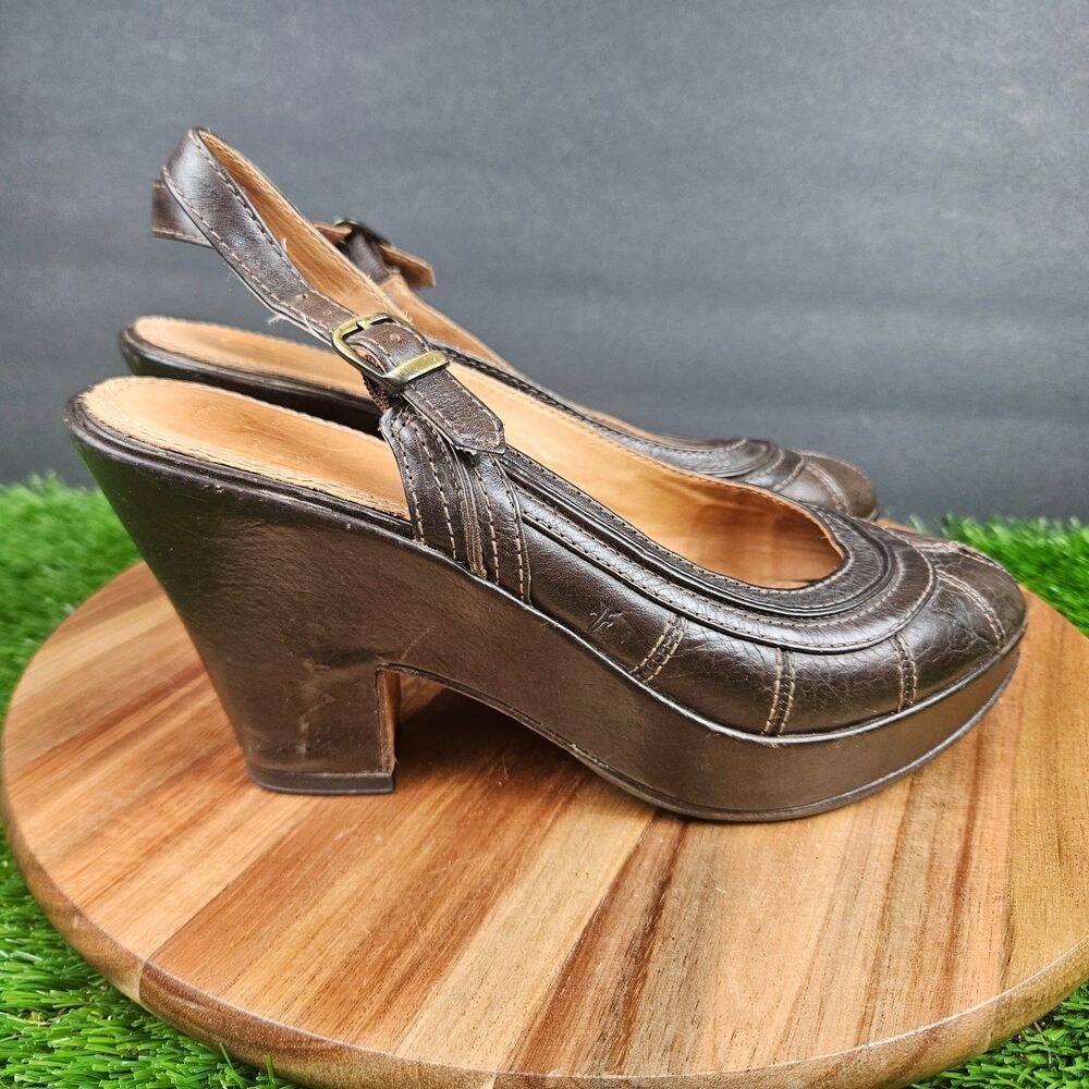 Frye Women's Platform Heel Sandals 8 B Brown Leather Slingback Adjustable Strap